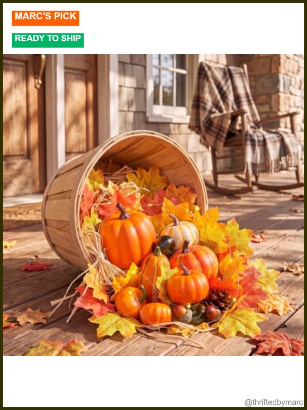 Fall Front Porch Decor Set Wooden Basket Pumpkins LED Lights Harvest